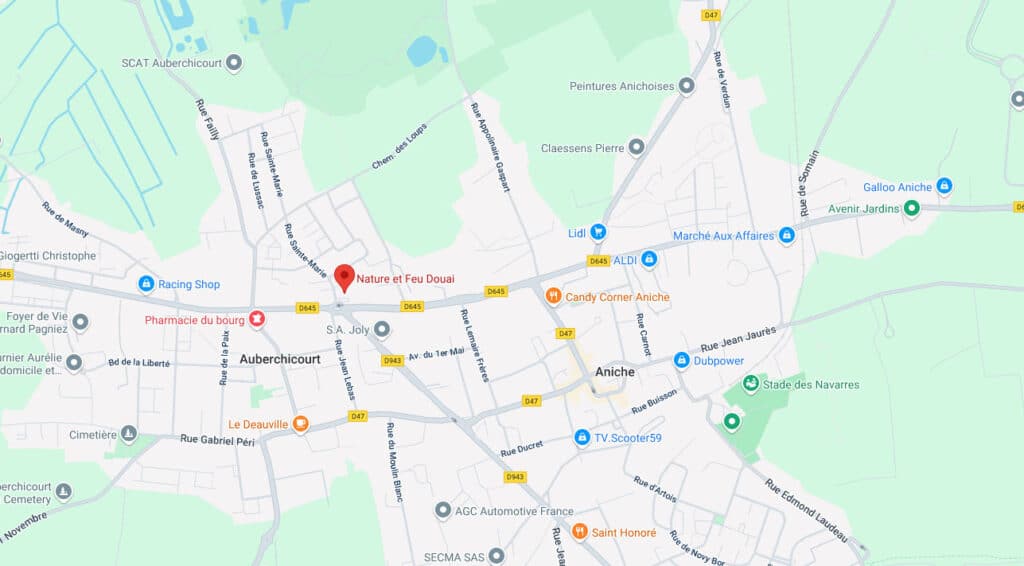 Carte routière d'Auberchicourt et Aniche. Pin rouge sur Nature et Feu Douai. Lidl, Aldi, Pharmacie du bourg, Stade des Navarres, D645, D47.