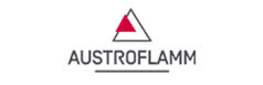 Logo Austroflamm: deux triangles superposés, l'un rouge vif et l'autre gris clair, au-dessus du nom de marque souligné.