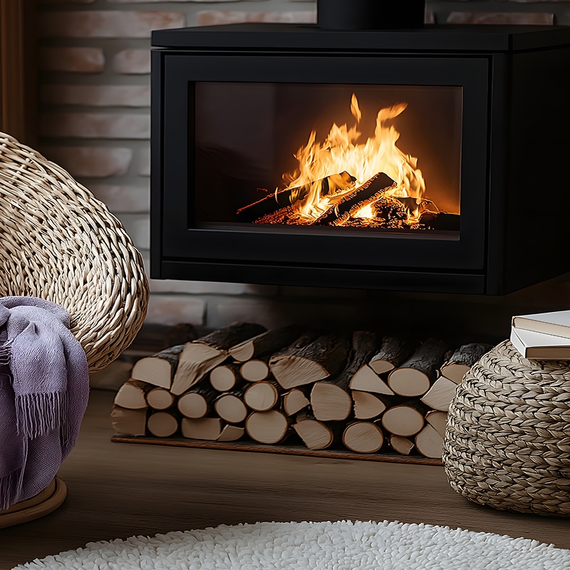 Cheminée moderne murale avec feu ardent, bois de chauffage empilé, fauteuil en osier et plaid violet, créant une ambiance chaleureuse.