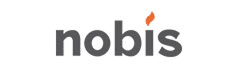 Logo Nobis en lettres gris foncé, avec une flamme orange stylisée remplaçant le point sur le 'i'.